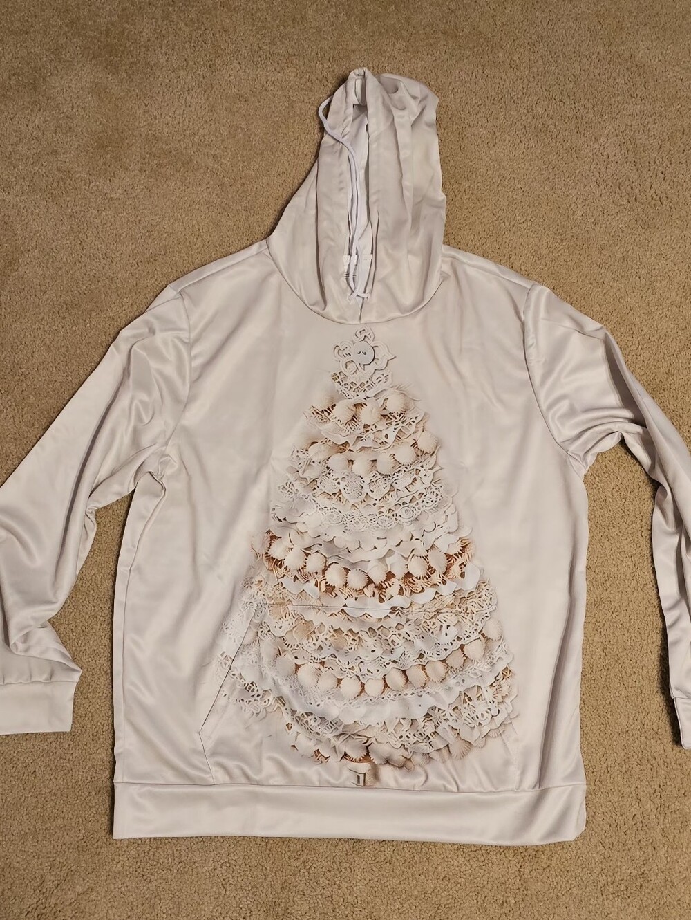 Women’s Hooded Holiday Sweater - White with Lace Tree Detail Screenprinted. Sz L